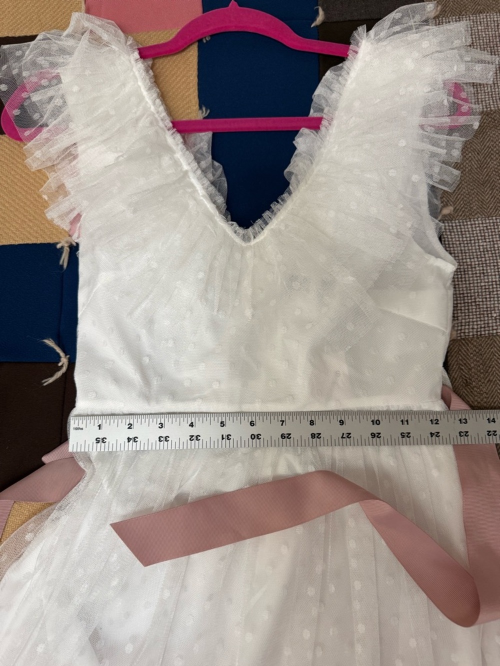White Swiss Dot Tulle V-neck Dress with Pink Sash - Picture 12 of 12
